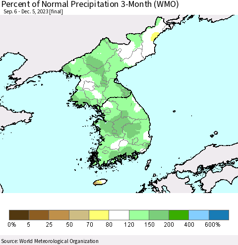 Korea Percent of Normal Precipitation 3-Month (WMO) Thematic Map For 9/6/2023 - 12/5/2023