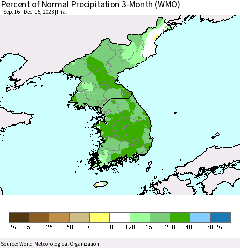 Korea Percent of Normal Precipitation 3-Month (WMO) Thematic Map For 9/16/2023 - 12/15/2023