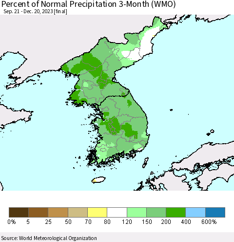 Korea Percent of Normal Precipitation 3-Month (WMO) Thematic Map For 9/21/2023 - 12/20/2023