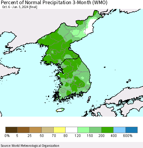 Korea Percent of Normal Precipitation 3-Month (WMO) Thematic Map For 10/6/2023 - 1/5/2024