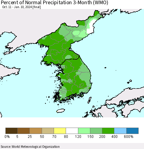 Korea Percent of Normal Precipitation 3-Month (WMO) Thematic Map For 10/11/2023 - 1/10/2024