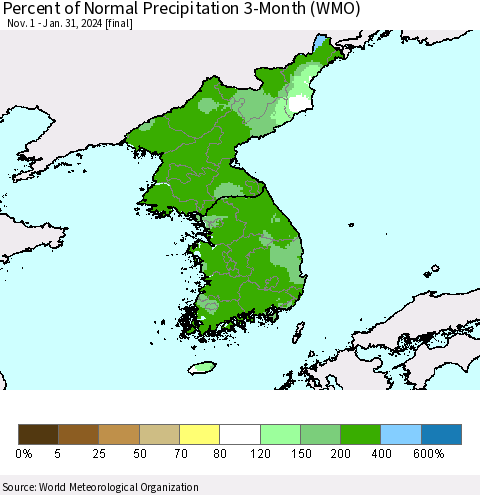 Korea Percent of Normal Precipitation 3-Month (WMO) Thematic Map For 11/1/2023 - 1/31/2024