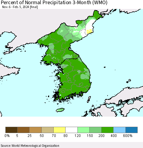 Korea Percent of Normal Precipitation 3-Month (WMO) Thematic Map For 11/6/2023 - 2/5/2024