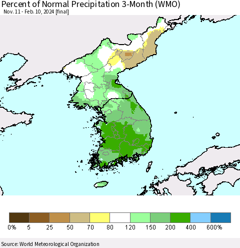 Korea Percent of Normal Precipitation 3-Month (WMO) Thematic Map For 11/11/2023 - 2/10/2024