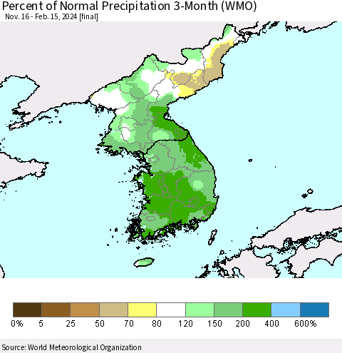 Korea Percent of Normal Precipitation 3-Month (WMO) Thematic Map For 11/16/2023 - 2/15/2024