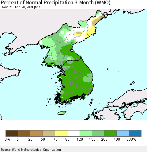 Korea Percent of Normal Precipitation 3-Month (WMO) Thematic Map For 11/21/2023 - 2/20/2024