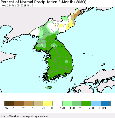 Korea Percent of Normal Precipitation 3-Month (WMO) Thematic Map For 11/26/2023 - 2/25/2024