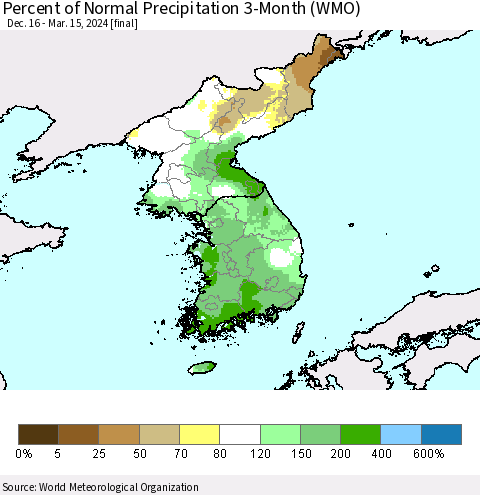 Korea Percent of Normal Precipitation 3-Month (WMO) Thematic Map For 12/16/2023 - 3/15/2024
