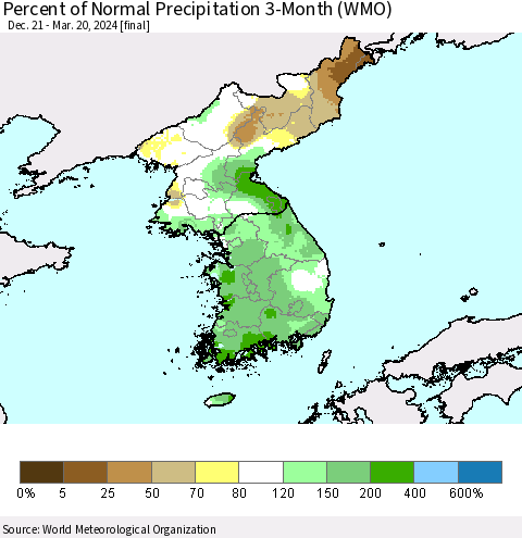 Korea Percent of Normal Precipitation 3-Month (WMO) Thematic Map For 12/21/2023 - 3/20/2024