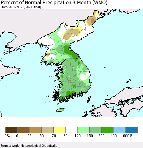 Korea Percent of Normal Precipitation 3-Month (WMO) Thematic Map For 12/26/2023 - 3/25/2024