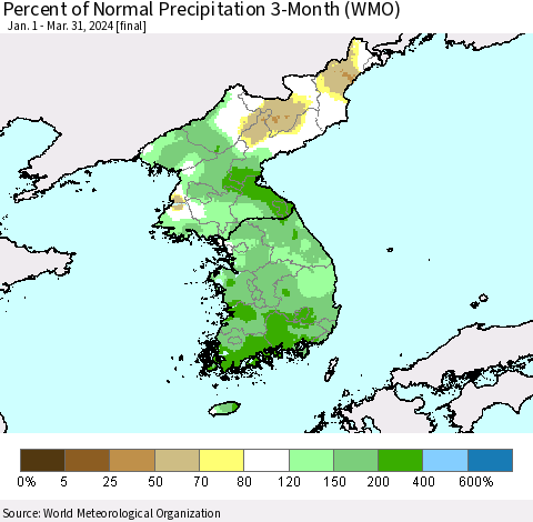 Korea Percent of Normal Precipitation 3-Month (WMO) Thematic Map For 1/1/2024 - 3/31/2024