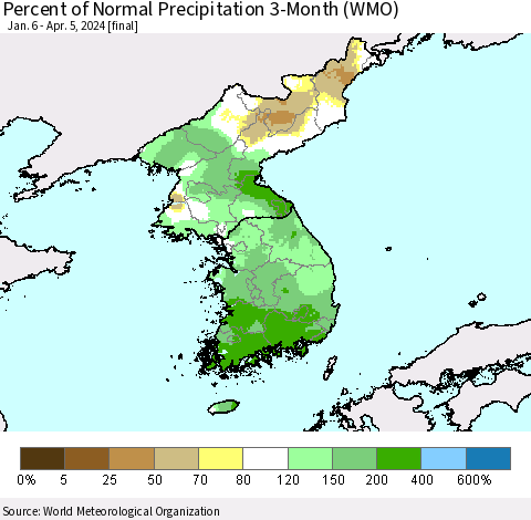 Korea Percent of Normal Precipitation 3-Month (WMO) Thematic Map For 1/6/2024 - 4/5/2024