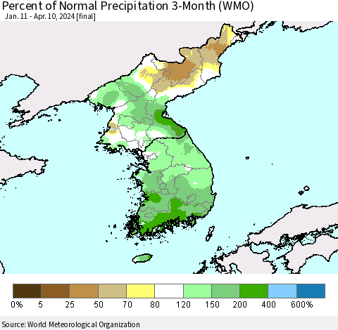 Korea Percent of Normal Precipitation 3-Month (WMO) Thematic Map For 1/11/2024 - 4/10/2024