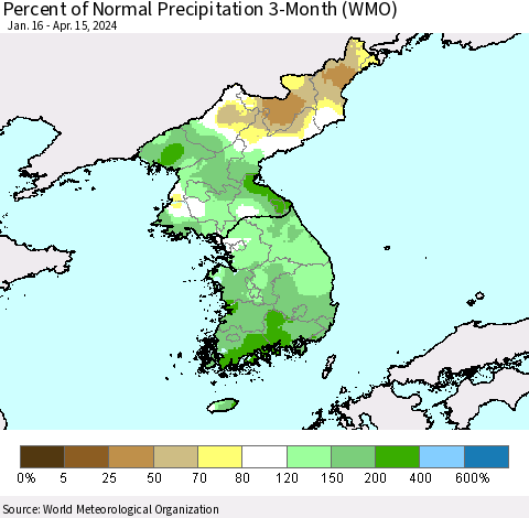 Korea Percent of Normal Precipitation 3-Month (WMO) Thematic Map For 1/16/2024 - 4/15/2024