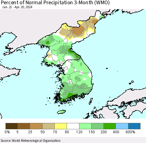 Korea Percent of Normal Precipitation 3-Month (WMO) Thematic Map For 1/21/2024 - 4/20/2024
