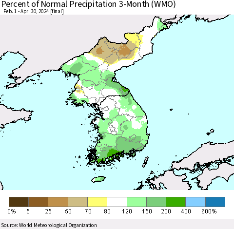 Korea Percent of Normal Precipitation 3-Month (WMO) Thematic Map For 2/1/2024 - 4/30/2024
