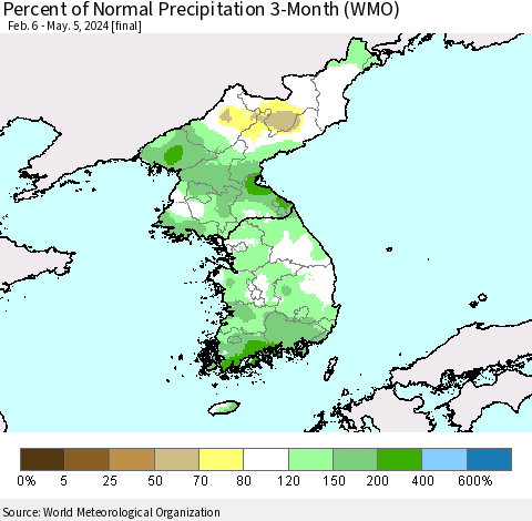 Korea Percent of Normal Precipitation 3-Month (WMO) Thematic Map For 2/6/2024 - 5/5/2024