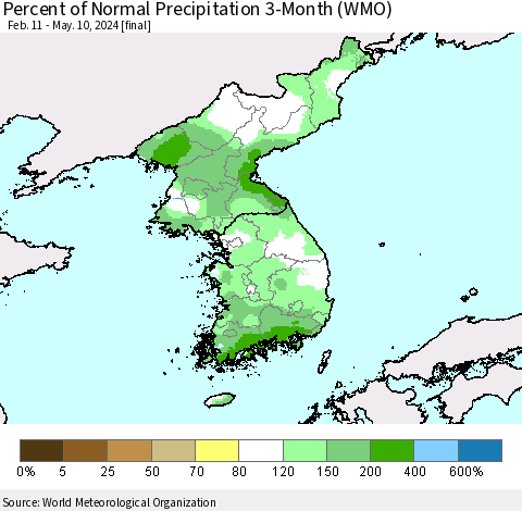 Korea Percent of Normal Precipitation 3-Month (WMO) Thematic Map For 2/11/2024 - 5/10/2024