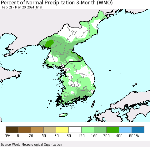 Korea Percent of Normal Precipitation 3-Month (WMO) Thematic Map For 2/21/2024 - 5/20/2024