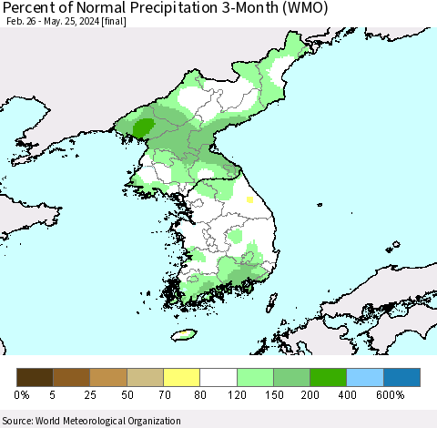Korea Percent of Normal Precipitation 3-Month (WMO) Thematic Map For 2/26/2024 - 5/25/2024