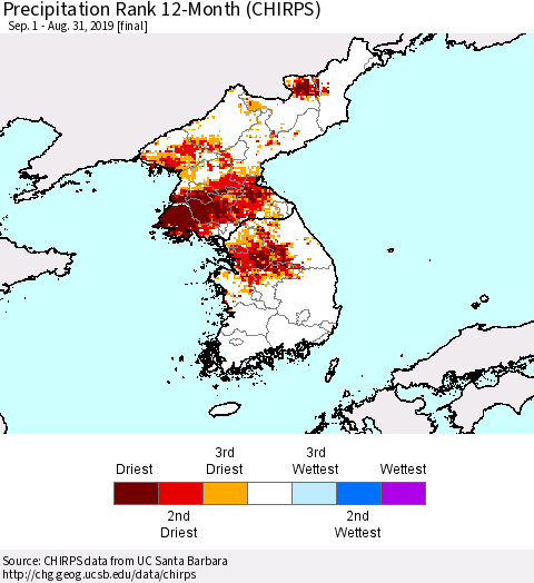 Korea Precipitation Rank since 1981, 12-Month (CHIRPS) Thematic Map For 9/1/2018 - 8/31/2019