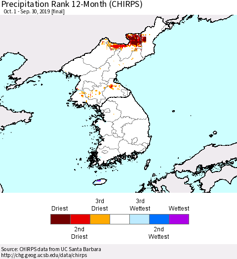 Korea Precipitation Rank since 1981, 12-Month (CHIRPS) Thematic Map For 10/1/2018 - 9/30/2019