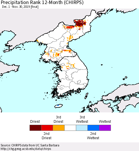 Korea Precipitation Rank since 1981, 12-Month (CHIRPS) Thematic Map For 12/1/2018 - 11/30/2019