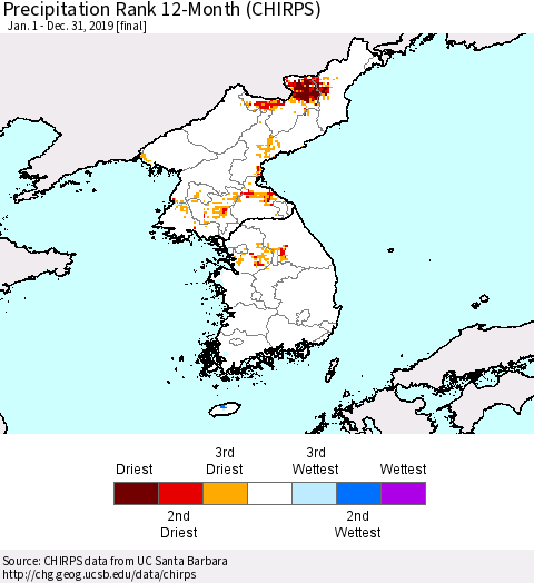 Korea Precipitation Rank since 1981, 12-Month (CHIRPS) Thematic Map For 1/1/2019 - 12/31/2019