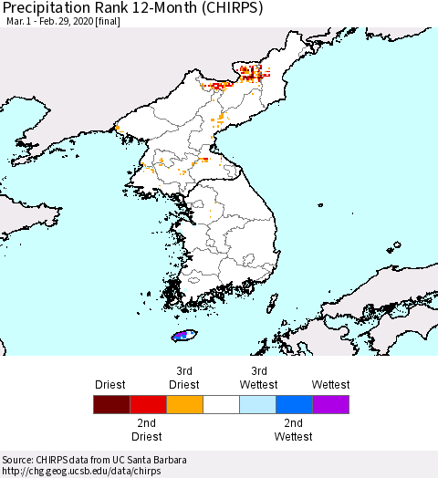 Korea Precipitation Rank since 1981, 12-Month (CHIRPS) Thematic Map For 3/1/2019 - 2/29/2020