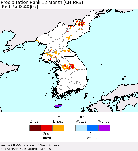 Korea Precipitation Rank since 1981, 12-Month (CHIRPS) Thematic Map For 5/1/2019 - 4/30/2020