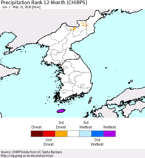 Korea Precipitation Rank 12-Month (CHIRPS) Thematic Map For 6/1/2019 - 5/31/2020