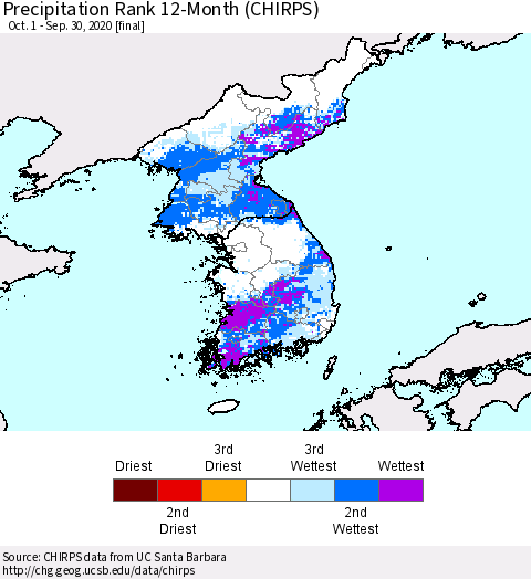 Korea Precipitation Rank since 1981, 12-Month (CHIRPS) Thematic Map For 10/1/2019 - 9/30/2020