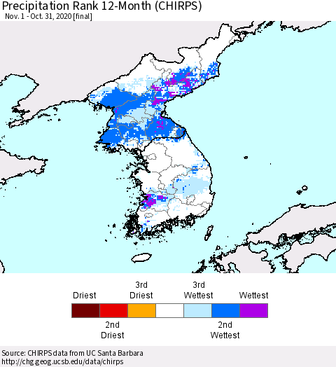 Korea Precipitation Rank since 1981, 12-Month (CHIRPS) Thematic Map For 11/1/2019 - 10/31/2020