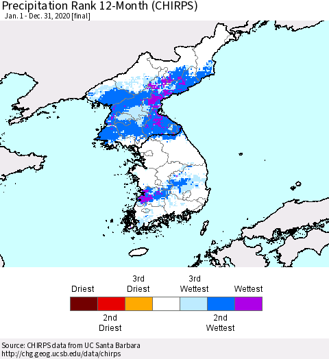 Korea Precipitation Rank 12-Month (CHIRPS) Thematic Map For 1/1/2020 - 12/31/2020