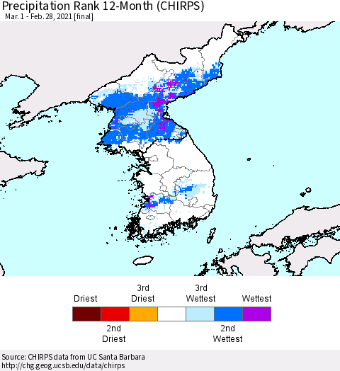 Korea Precipitation Rank since 1981, 12-Month (CHIRPS) Thematic Map For 3/1/2020 - 2/28/2021