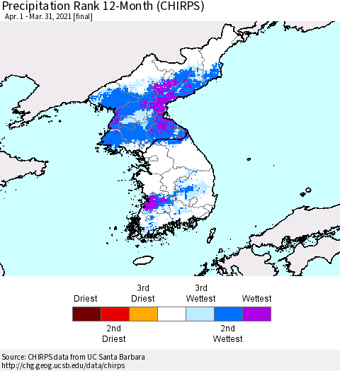 Korea Precipitation Rank 12-Month (CHIRPS) Thematic Map For 4/1/2020 - 3/31/2021