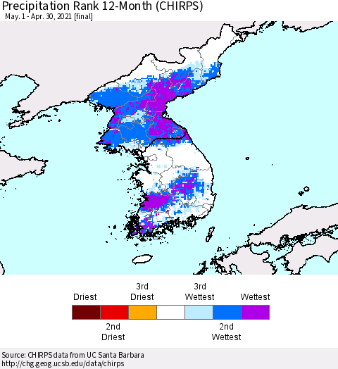 Korea Precipitation Rank since 1981, 12-Month (CHIRPS) Thematic Map For 5/1/2020 - 4/30/2021