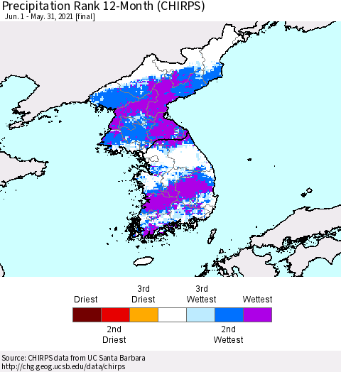 Korea Precipitation Rank 12-Month (CHIRPS) Thematic Map For 6/1/2020 - 5/31/2021