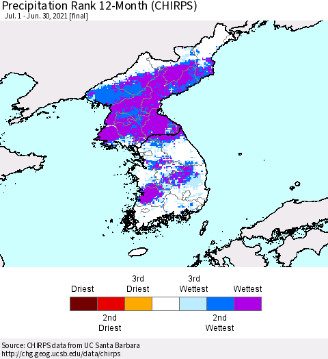 Korea Precipitation Rank since 1981, 12-Month (CHIRPS) Thematic Map For 7/1/2020 - 6/30/2021