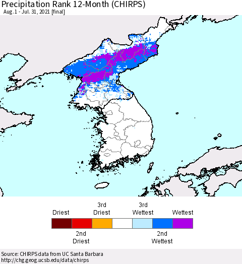 Korea Precipitation Rank since 1981, 12-Month (CHIRPS) Thematic Map For 8/1/2020 - 7/31/2021