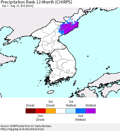 Korea Precipitation Rank 12-Month (CHIRPS) Thematic Map For 9/1/2020 - 8/31/2021