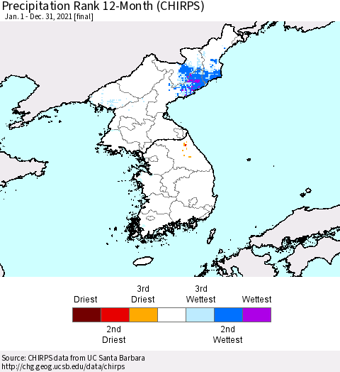 Korea Precipitation Rank 12-Month (CHIRPS) Thematic Map For 1/1/2021 - 12/31/2021