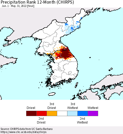 Korea Precipitation Rank since 1981, 12-Month (CHIRPS) Thematic Map For 6/1/2021 - 5/31/2022