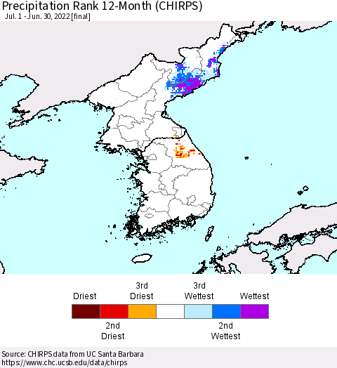 Korea Precipitation Rank 12-Month (CHIRPS) Thematic Map For 7/1/2021 - 6/30/2022