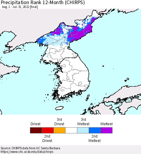 Korea Precipitation Rank since 1981, 12-Month (CHIRPS) Thematic Map For 8/1/2021 - 7/31/2022