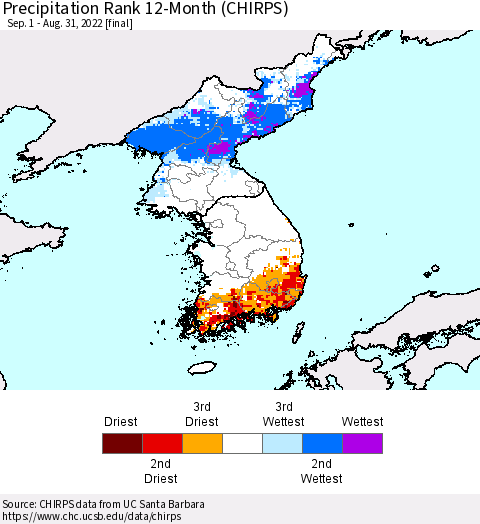 Korea Precipitation Rank since 1981, 12-Month (CHIRPS) Thematic Map For 9/1/2021 - 8/31/2022