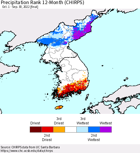 Korea Precipitation Rank since 1981, 12-Month (CHIRPS) Thematic Map For 10/1/2021 - 9/30/2022