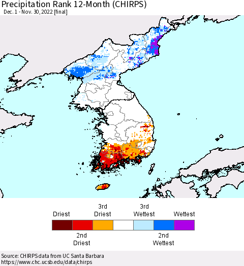 Korea Precipitation Rank since 1981, 12-Month (CHIRPS) Thematic Map For 12/1/2021 - 11/30/2022