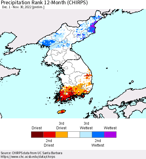 Korea Precipitation Rank 12-Month (CHIRPS) Thematic Map For 12/1/2021 - 11/30/2022