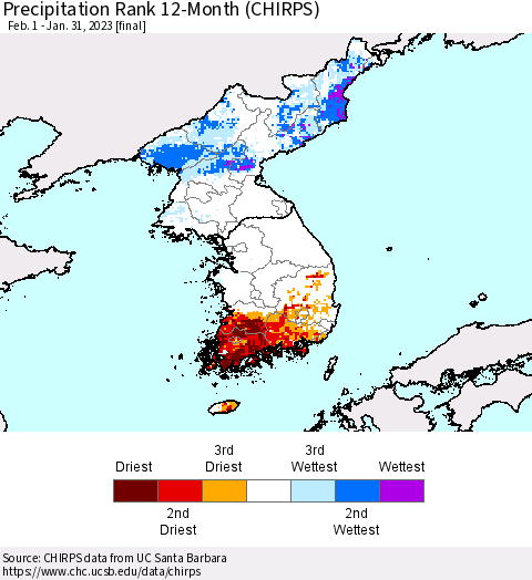 Korea Precipitation Rank since 1981, 12-Month (CHIRPS) Thematic Map For 2/1/2022 - 1/31/2023